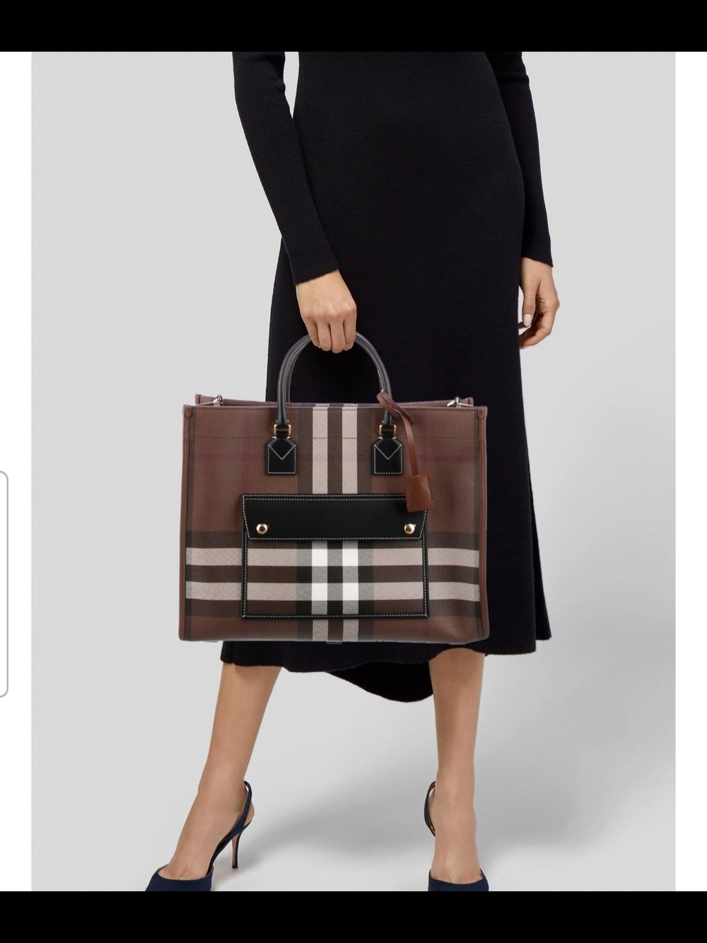 Burberry Brown Plaid Tote with Black Handles and Gold Hardware